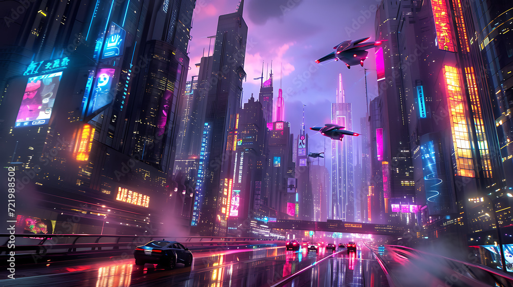 A mesmerizing futuristic metropolis at twilight, adorned with sleek flying vehicles and glass towers radiating a vibrant neon glow.