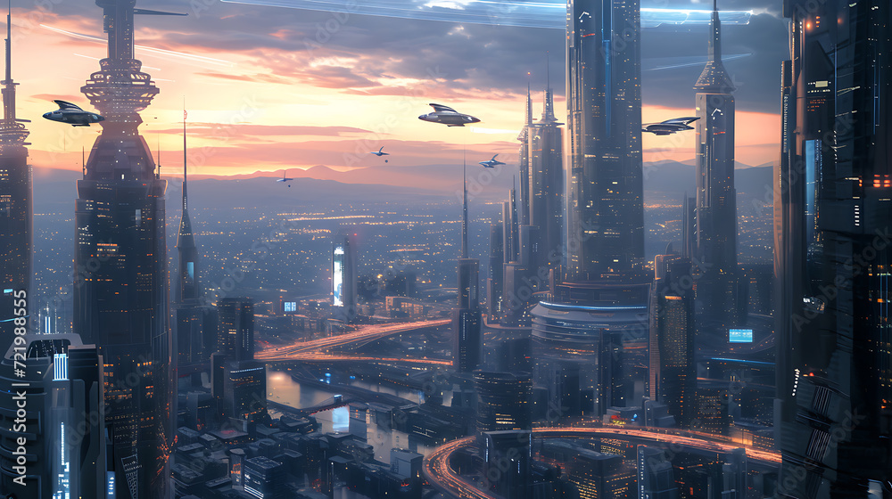 A mesmerizing dusk scene of a futuristic cityscape with cars soaring through the air and vibrant neon lights casting dazzling reflections on sleek glass skyscrapers.