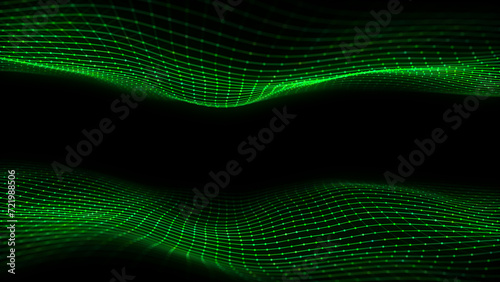 Green double wave with motion dots and lines. Abstract digital background. Concept connection big data. Futuristic technology backdrop. 3D rendering.
