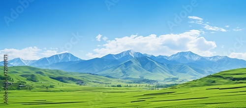 Natural scenic panorama green field. generate ai