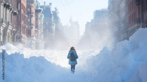 Young Woman Walking Alone on a Snow-Clad Urban Street, with Historic Buildings Looming in the Hazy, Wintry Backdrop