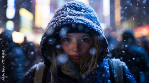 Young Caucasian Woman with Snow-Dusted Hood, Capturing the Essence of Winter in the City at Night Amidst a Snowfall
