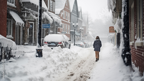 Young Adult Braving a Snowy Day on a Quaint Town Street, Shops and Houses Covered in a Thick Layer of Winter Snow.