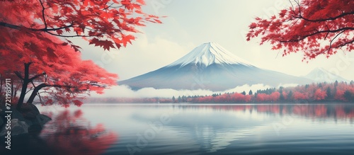 Colorful Autumn Season and Mountain Fuji with morning fog and red leaves at lake © Dzikir