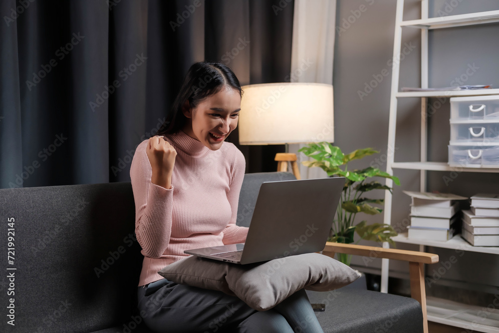 Pretty young woman sitting on sofa and using laptop in light living room, typing on laptop, using online app, software, shopping on Internet, making video call, laptop communication, Pretty young woman sitting on sofa and using laptop in light living room, typing on laptop, using online app, software, shopping on Internet, making video call, laptop communication,