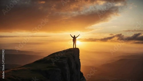 person standing on top of a mountain with arms towards the sky at sunset photo