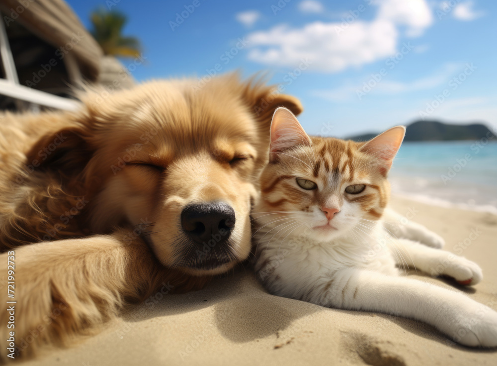 Close up of a cat and dog resting on a sandy beach with a beautiful ocean view in the background. Close up of a cat and dog resting on a sandy beach with a beautiful ocean view in the background.