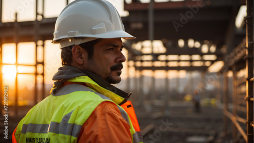 Pracownik budowlany podczas pracy o zachodzie słońca