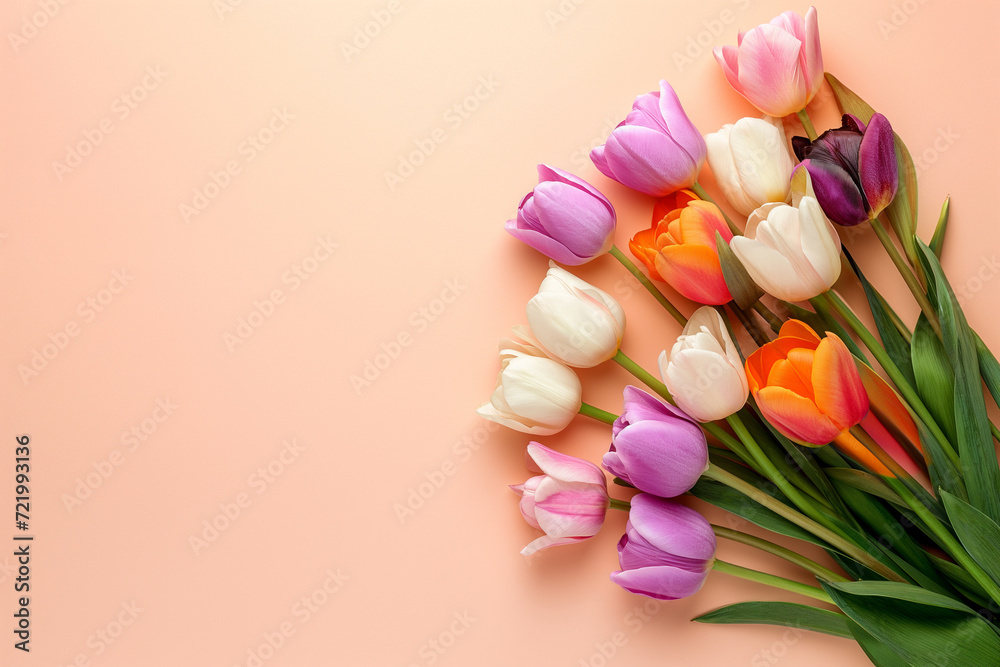 Mother's Day or Women's Day decorations concept. Tulip flowers on isolated pastel pink background.