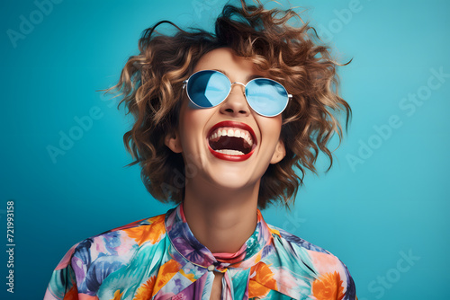 Closeup Portrait of a Playful Hipster Woman in Trendy Sunglasses, Radiating Positivity on a Vibrant Blue Wall © ShadowHero58