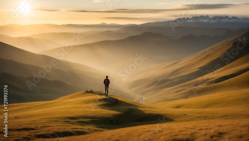 Samotny wędrowiec podziwiający zachód słońca na górskich wzgórzach
