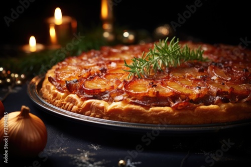 French traditional onion taste tatin with balsamic vinegar caramel and herbs