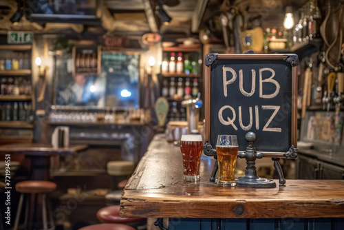 A cozy pub atmosphere invites patrons to a fun pub quiz night, with a chalkboard sign prominently displayed in the foreground and glasses of beer awaiting participants. photo