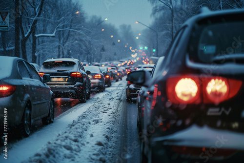 Evening traffic jam during a winter snowfall, with a focus on the illuminated rear lights of cars on a snowy road © Mirador
