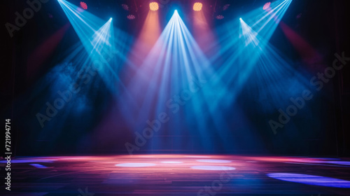 An empty stage is dramatically lit with vibrant blue and purple spotlights, casting a hazy glow and creating an anticipation for the upcoming performance photo