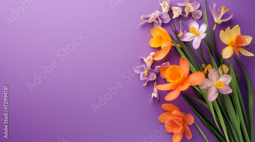 Mother s Day or Women s Day decorations concept. Spring flowers on isolated pastel purple background with copy space.