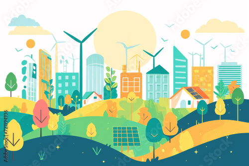 Vector illustration in simple minimal geometric flat style - city landscape with buildings hills and trees with solar panels and wind turbines - eco and green energy.