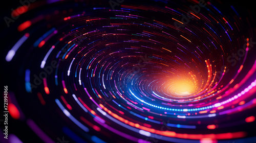A spiral of colorful lights on a black background. Abstract swirling vibrant neon lights wallpaper. Futuristic header concept.