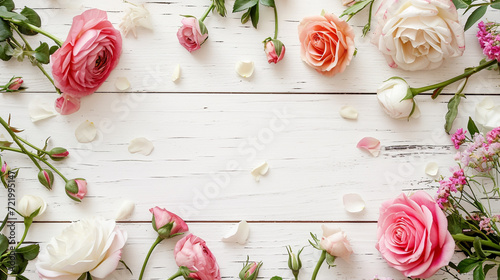 Mother's Day or Women's Day decorations concept. Roses on isolated white wooden background with copy space. © Junnie