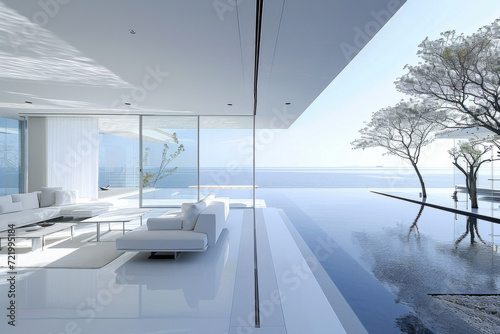 On the reef of a blue ocean there is a modern minimalist building.