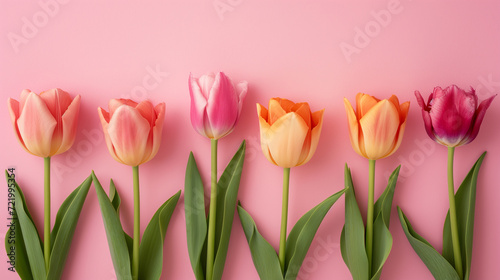 Mother's Day or Women's Day decorations concept. Tulip flowers on isolated pastel pink background with copy space. © Junnie