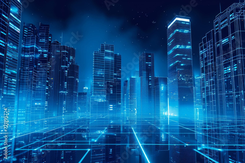 A picture of modern city buildings with a blue light  in the style of data visualization.