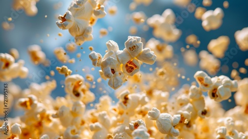 Pieces of popcorn fly in the air. Popcorn on a blue background.  photo