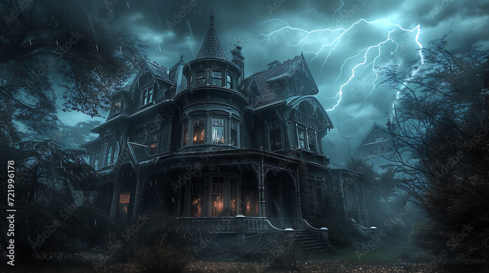 A chilling abandoned Victorian mansion with eerie ghosts peering through rain-streaked windows, emitting a bone-chilling atmosphere. - obrazy, fototapety, plakaty 