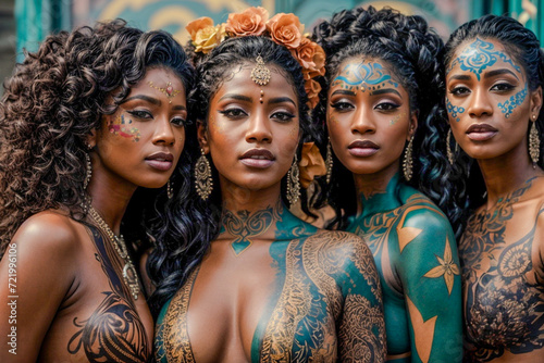 Beautiful woman models wearing and showcasing different attire and body paint. photo