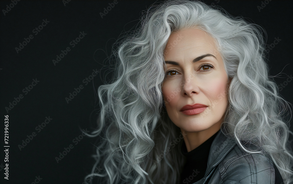Fototapeta premium Fashion portrait of 40 year old woman with gray hair, the main trendy trend of the season