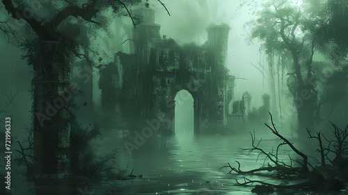 rain in the swamp of submerged ancient ruins