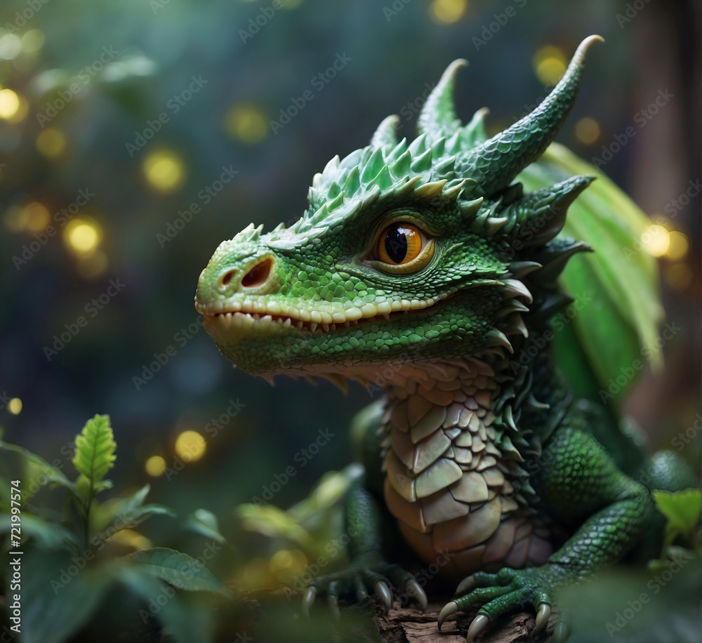 portrait of cute animation dragon kid with wings and horns. 2024 year chinise symbol. New year concept. AI generated