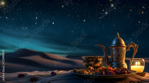 Arabic Tea with Mug and Arabian food in the Night against Sand Dune.