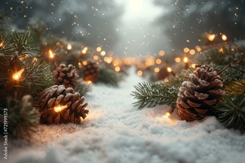 Snowy Christmas Background with Pine Cones and Lights
