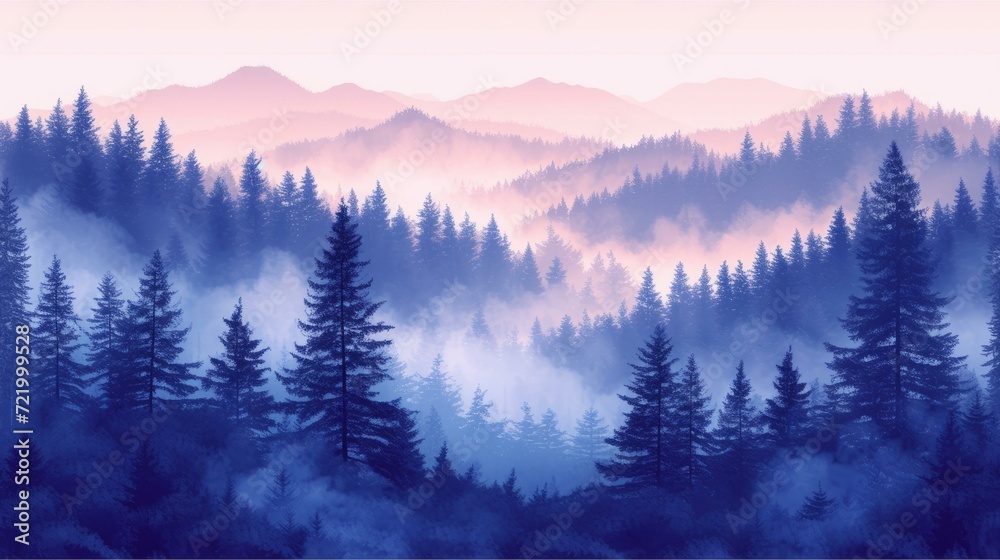 Misty Forest Landscape with Mountains in the Distance