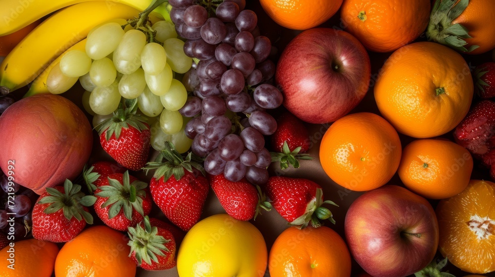 A variety of fruits including apples, grapes, bananas, strawberries, and oranges