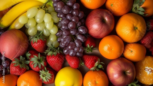 A variety of fruits including apples  grapes  bananas  strawberries  and oranges