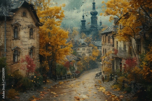 An empty street in an old European city in the fall
