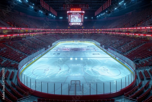 An empty hockey rink with red seats all around