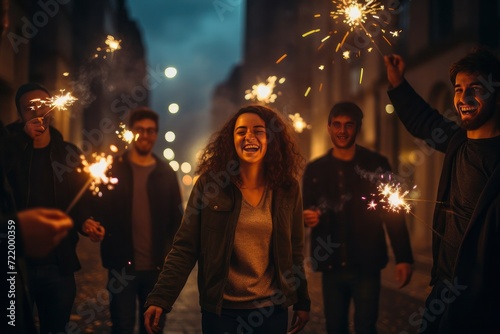 Young people walking on the street with sparklers. New Year's Eve celebrations. Happy People