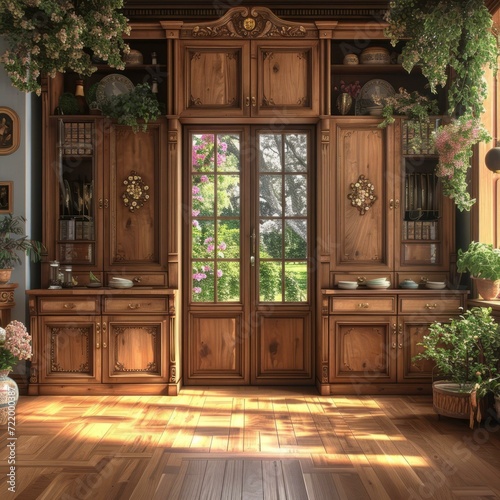 European style wooden cabinet and French windows