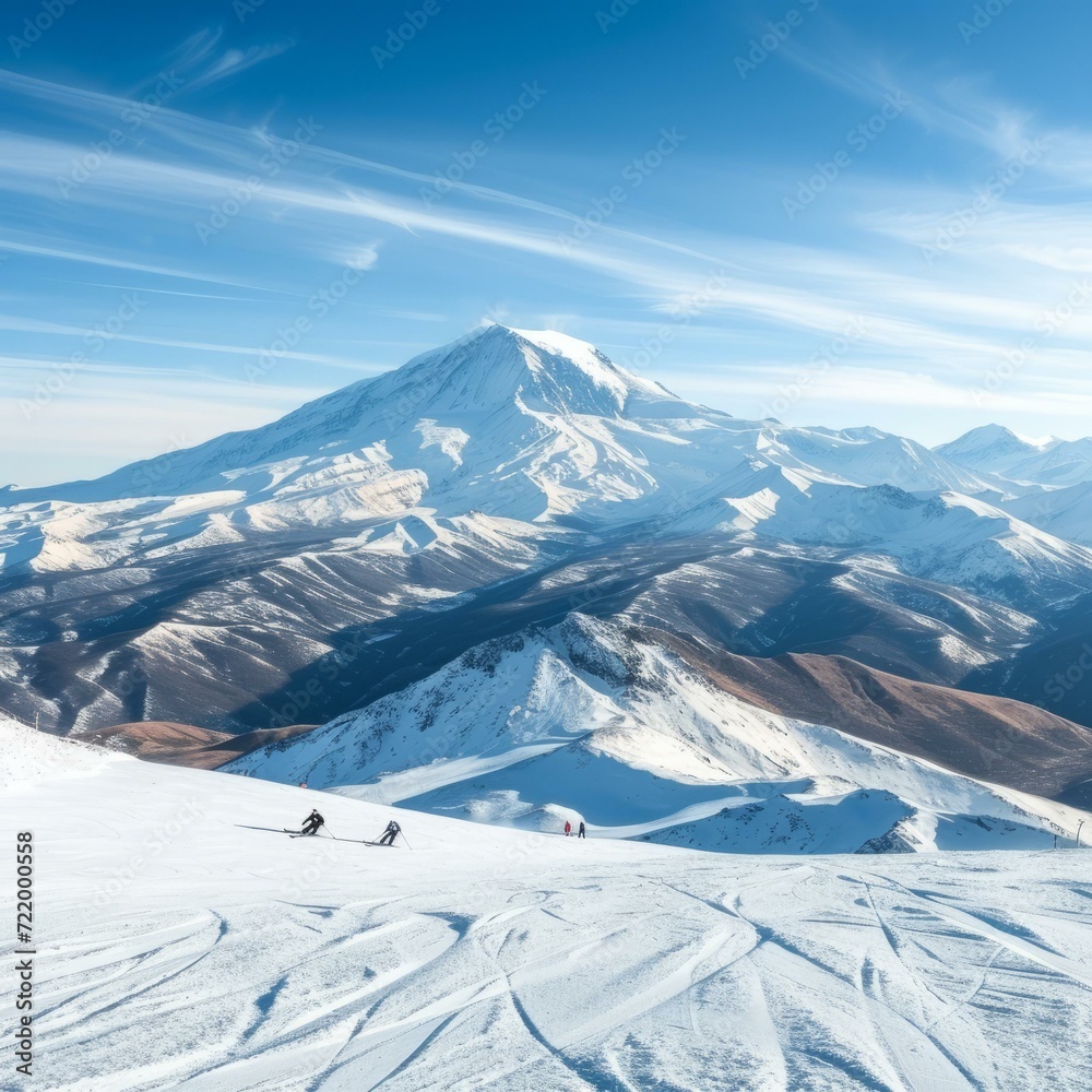 Skiers enjoying the snowy slopes of Mount Elbrus, the highest mountain in the Caucasus