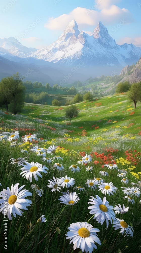 Fototapeta premium Field of daisies with snow capped mountains in the distance