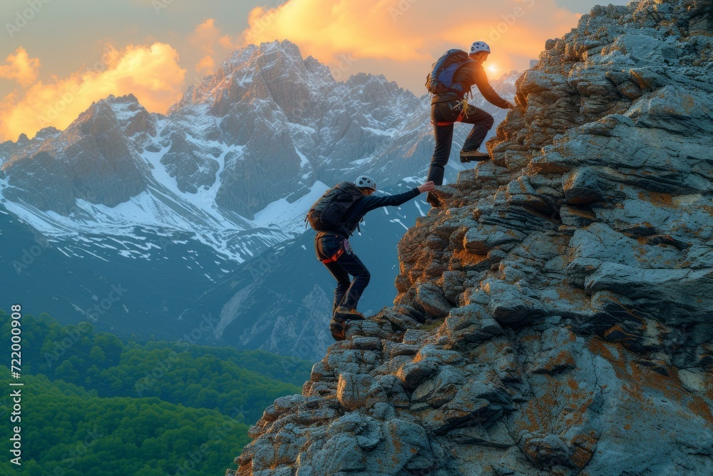 Two men climb a mountain peak during sunrise - obrazy, fototapety, plakaty 