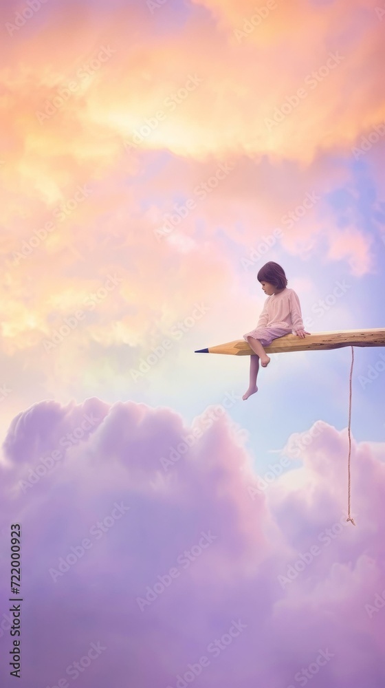 Little girl sitting on a pencil in the clouds