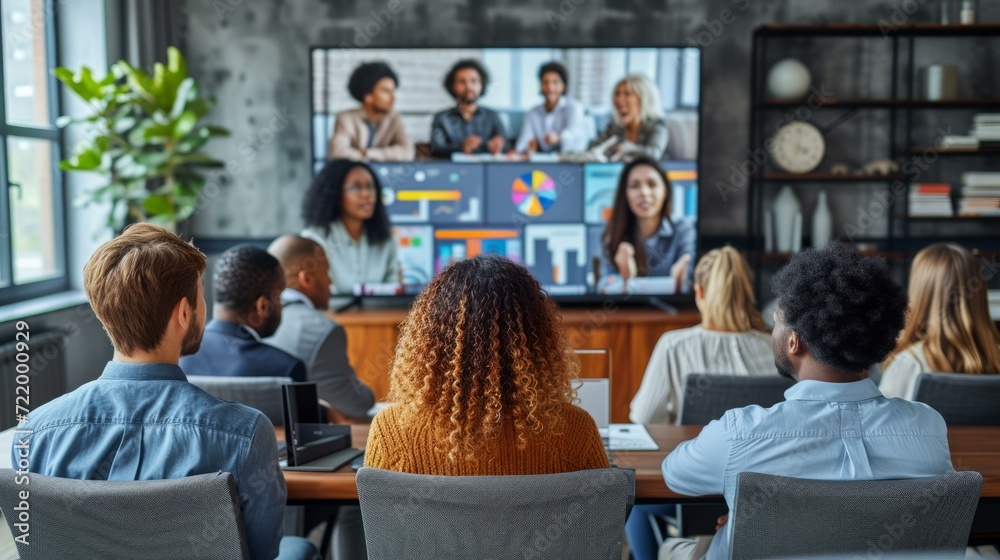 Obraz premium Group of multiethnic business people sitting in the office and having a video conference with their international partners