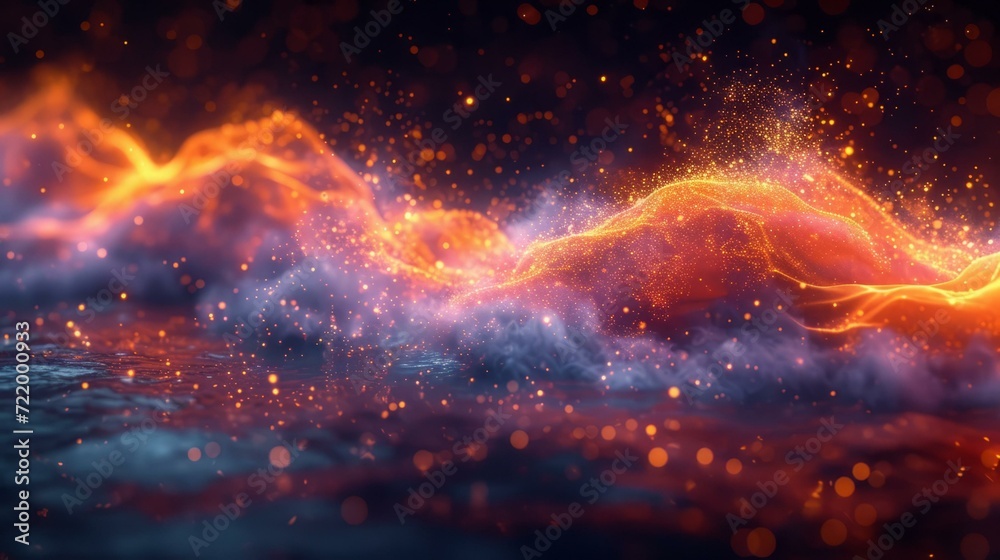 Flowing fiery orange particles with blue smoke on dark background Flowing fiery orange particles with blue smoke on dark background