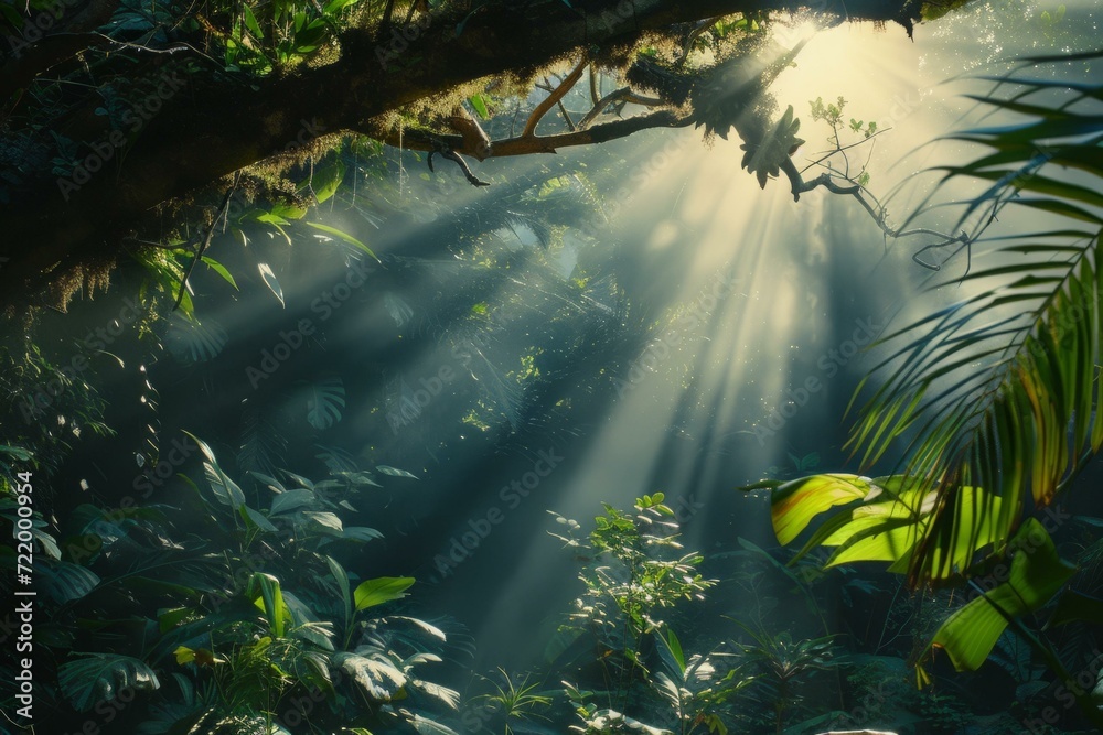 Fototapeta Sunlight shining through the jungle canopy