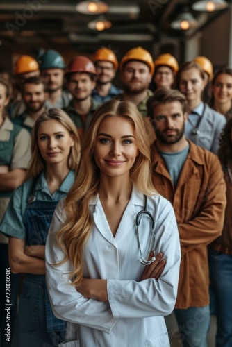 Confident female doctor with crossed arms standing in front of a group of construction workers