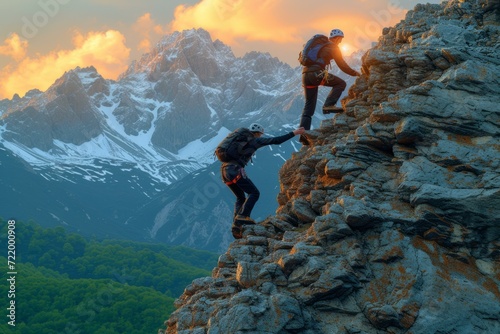 Two men climb a mountain peak during sunrise photo